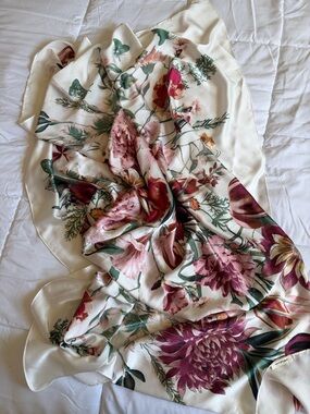 Floral Satin Scarf in Cream with Pink & Green Blooms
